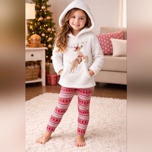 Cozy White Hoodie with Reindeer Design and Red Patterned Leggings Sz 4T